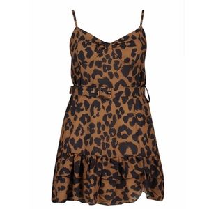 Plus Leopard Belted Ruffle Skater Dress